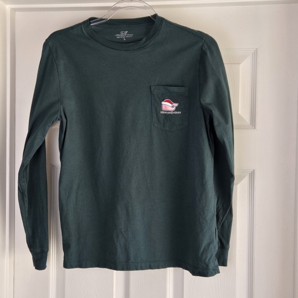 Vineyard Vines Santa whale hat long sleeve green Christmas tee Boys L 16 Holiday - Picture 2 of 7